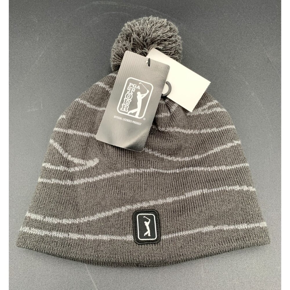 PGA Tour Mens‎ Pom Beanie Hat Gray Striped Knit Golf Winter Cap NWT